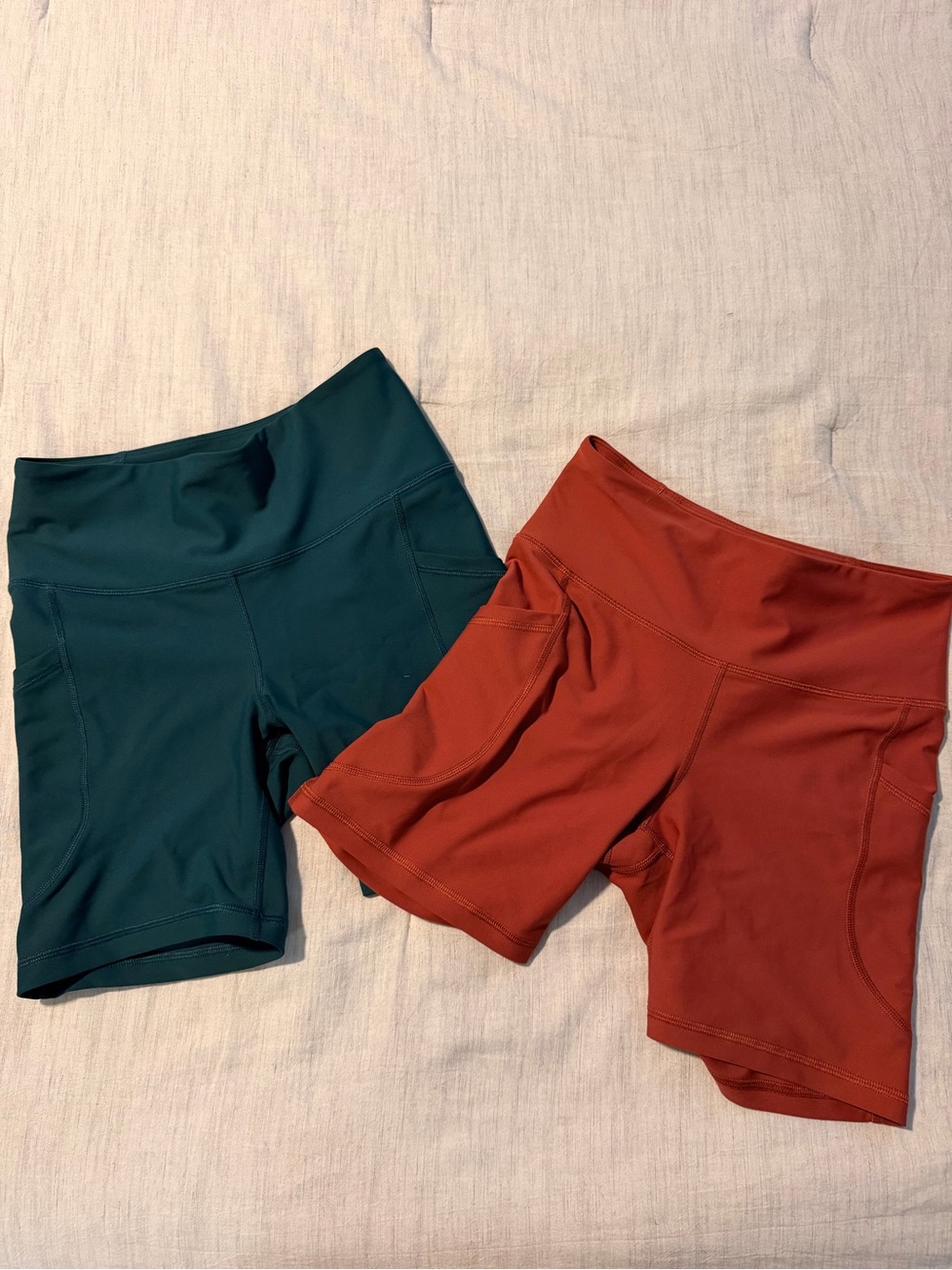Old Navy High-Rise Bike Shorts in Teal and Rust